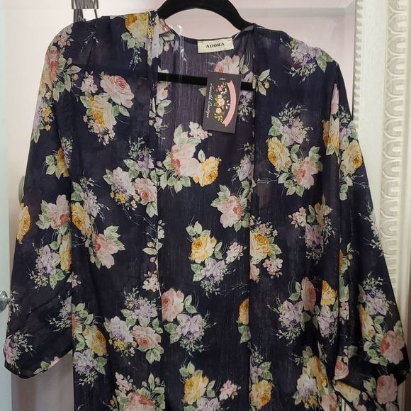 Lurex Navy Floral Coverup S M L - Picture 4 of 5